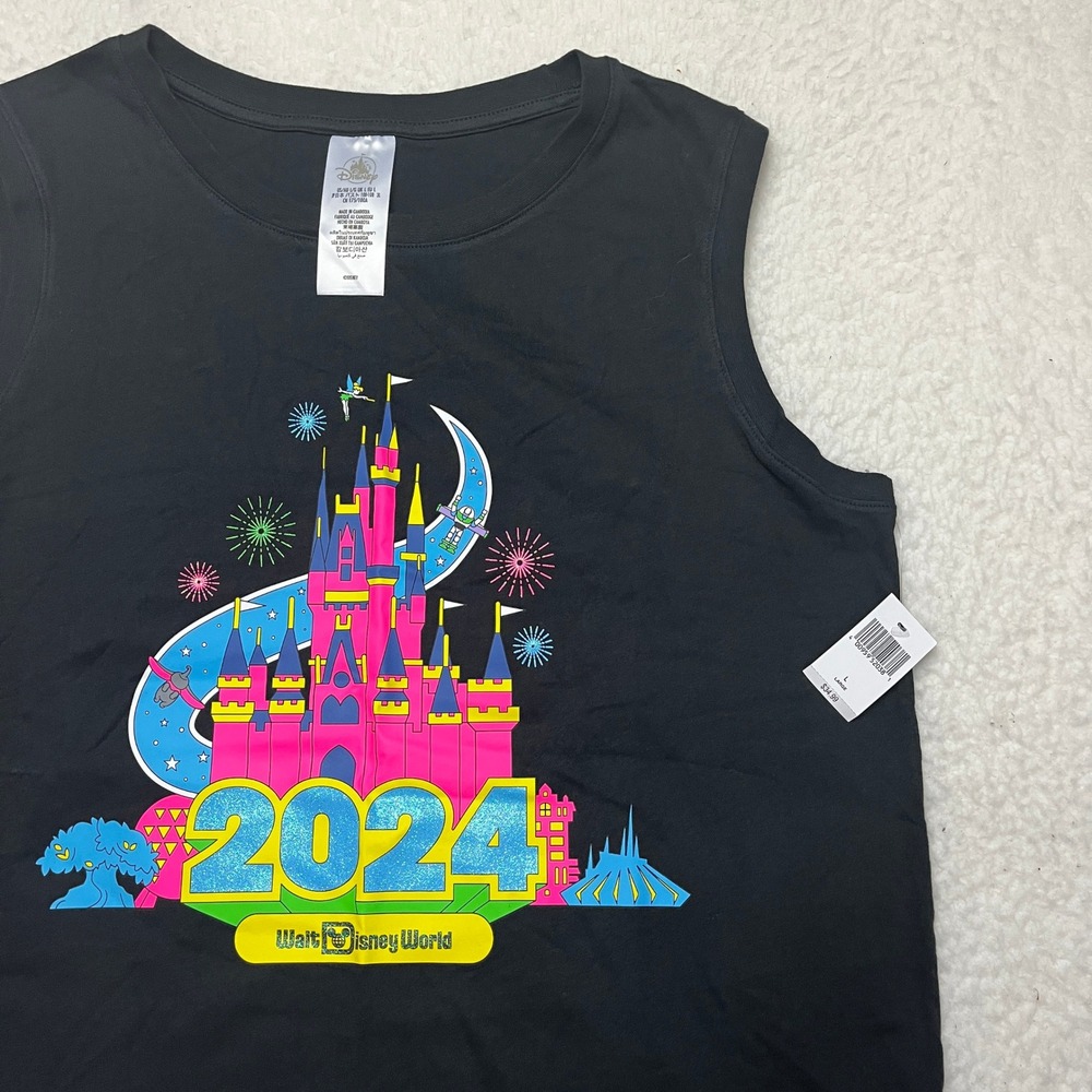 Disney Tank Top Womens Large Black 2024 Walt Disney World‎ Castle Glitter Muscle